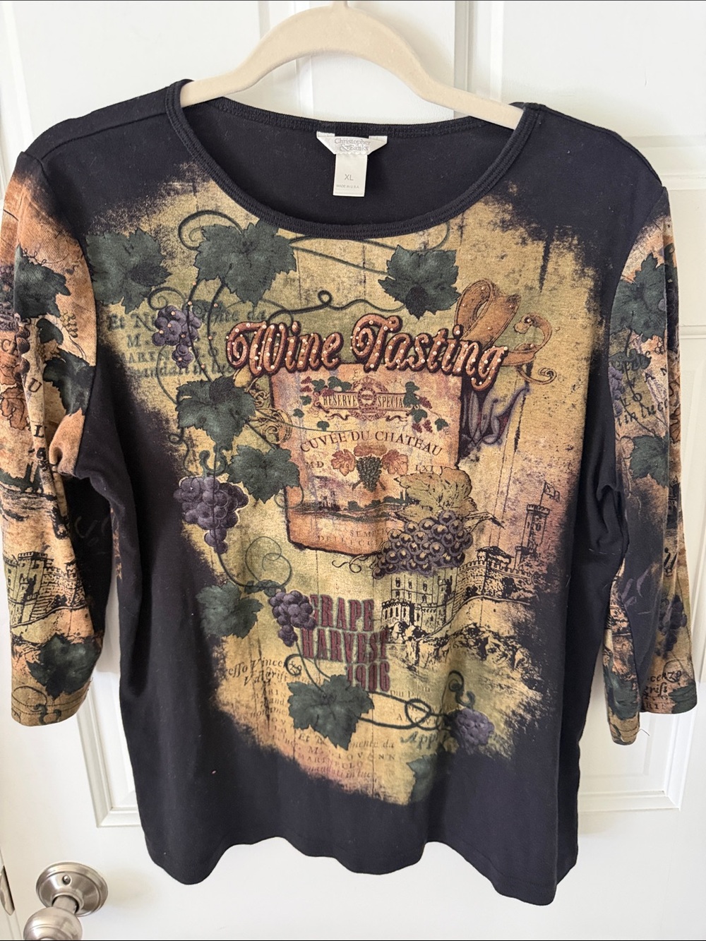Christopher & Banks Wine Tasting Vintage Graphic Top Vineyard Rhinestone  XL